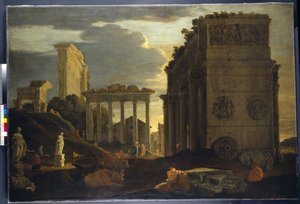 Capriccio-näkymä hahmoilla voittokaaren vieressä ja Saturnuksen ja Jupiter Tonansin temppeleillä (öljy kankaalle)
