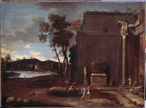 Maisema sarkofagin kanssa. Jean Le Mairen (1597-1659) maalaus. Ranskalainen taide, öljy kankaalle. Eremitaaši, Pietari