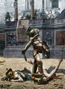 Gladiaattorit roomalaisella areenalla. Katsojat varoittavat voittajaa säästämästä vastustajaansa, jonka hän löi, ja tappamasta hänet. Kaiverrus Jean Leon (Jean-Leon) Geromen (1824-1904) maalauksen yksityiskohdan jälkeen