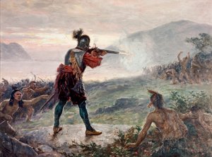 Champlain-järven taistelu irokeesiheimojen ja ranskalaisten tukemien intiaaniheimojen (algonkinit, huronit ja montagnais) yhteenliittymän välillä vuonna 1609 - Jean Leon Gerome Ferrisin (1863-1930 ) maalaus. tekijältä Jean Leon Gerome