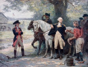 Yhdysvaltain itsenäisyyssota (1775-1783): George Washington (1732-1789) puolimatkassa Brookiin, lähellä Mannerheimin armeijan sotilasleiriä, nuori mies tuo hänelle juotavaa - Jean Leon Gerome Ferrisin (1863-1930 ) maalaus. tekijältä Jean Leon Gerome