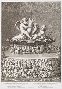 Suihkulähde, jossa on kaksi rapulla ratsastavaa kuppikuntaa, Jacques Houseaun suunnittelema, Versailles, 1677. tekijältä Jean Lepautre