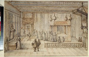 Kuningas Ludvig XIV:n (1638-1715) makuuhuone Versaillesissa. Kuningas Ludvig XIV:n kammio Versaillesissa. Jean Le Pautren (1618-1682) piirustus