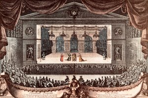Jean Baptiste Poquelin dit Moliere Versaillesissa "Le malade imaginaire" (Imaginary Invalid) (värillinen kaiverrus)