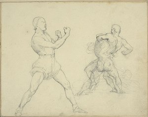 Nyrkkeilijä oikealle päin ja kaksi miestä painimassa tekijältä Jean Louis André Théodore Géricault