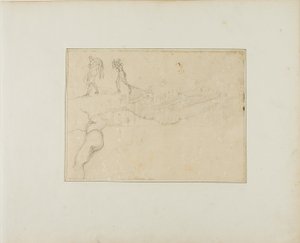 Pilarihallin poikkileikkaus ja kolme hahmoluonnosta. tekijältä Jean Louis André Théodore Géricault