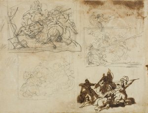 Neljä luonnosta ratsuväen taistelua varten tekijältä Jean Louis André Théodore Géricault