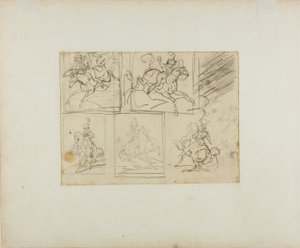 Neljä luonnosta ratsutrilleristä ja puolalaisesta lanssijasta. tekijältä Jean Louis André Théodore Géricault