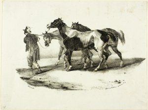 Hevosia johdetaan nylkijälle tekijältä Jean Louis André Théodore Géricault