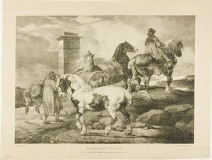 Hevoset menossa messuille, levy 3 eri aiheista, jotka on piirretty elämästä kivelle. tekijältä Jean Louis André Théodore Géricault