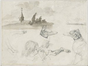 Luonnosarkki: Greyhounds; Mies- ja naispuolinen pää vuonna tekijältä Jean Louis André Théodore Géricault