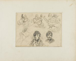 Luonnosarkki: Ratsastajat, merenneitoja ja kaksi muotokuvaa nuorista miehistä. tekijältä Jean Louis André Théodore Géricault