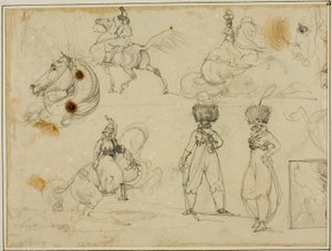 Luonnosarkki: Sotilaat, hevoset ja maisema tekijältä Jean Louis André Théodore Géricault