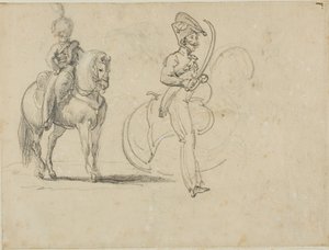 Piirrokset ratsastajasta ja ratsuväen upseerista, jolla on piirretty sapeli. tekijältä Jean Louis André Théodore Géricault