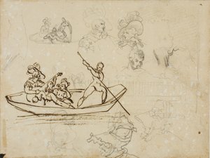 Luonnoksia musiikillisesta veneilyjuhlasta ja naisesta, jolla on pitkä hattu päässään. tekijältä Jean Louis André Théodore Géricault