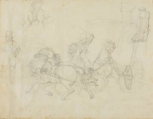 Viiden hevosen vetämät postivaunut ja muita luonnoksia tekijältä Jean Louis André Théodore Géricault