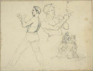 Nyrkkeilijätutkimuksia ja luonnos hevosmiehestä, jota kaksi hahmoa seuraa. tekijältä Jean Louis André Théodore Géricault