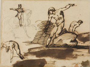 Tutkimus Napoleonista hevosen selässä ja luonnoksia alastonkuvista kallioiden keskellä. tekijältä Jean Louis André Théodore Géricault