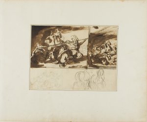 Kolme luonnosta ratsastustaistelusta ja luonnos kahdesta taistelusta tekijältä Jean Louis André Théodore Géricault