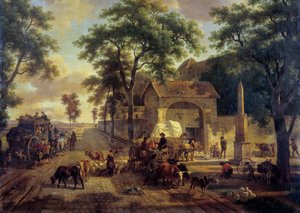 Maisematie, jolla on talonpoikien, laumien ja paimenten kärryt. Jean Louis Demarnen (1744-1829) maalaus 1800-luvulta. Himmeä. 0,5x0,61 m.