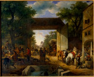 Messut majatalon ovella Jean Louis Demarnen (1744-1829) maalaus 1800-luvun su. 0,5x0,6 m