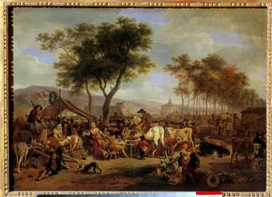 Messut kylän sisäänkäynnillä Ruoan ja kaupan kohtaus kylämessuilla. Jean-Louis Demarnen (1744-1829) maalaus Sun. 036x0,5 m