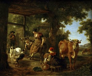 Maatilalla. Kohtaus Demarnen maalaiselämästä, Jean-Louis (Jean Louis de Marne ou de Marnette) (n. 1752-1829). Öljy kankaalle, 1700-luvun toinen puolisko, Valtion A. Radishchevin taidemuseo, Saratov