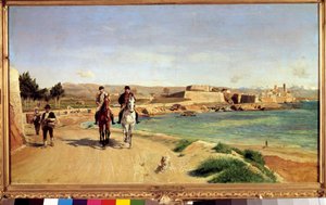Antibes, ratsastus. Taiteilija ja hänen poikansa Charles (1848-1917), taidemaalari. Ernest Meissonierin (1815-1891) maalaus tekijältä Jean Louis Ernest Meissonier