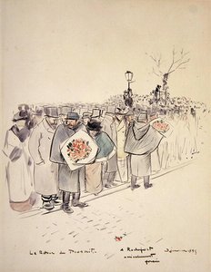 Le Retour du Proscrit, n. 1895 (kynä ja muste ja akvarelli paperille) tekijältä Jean Louis Forain