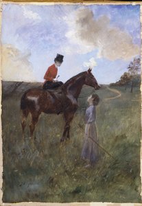 Nainen hevosen selässä ja paimentolaisnainen