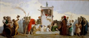 Dante Alighieri, Diogenes Kyynikko, Sokrates ja Homeros ovat yleisössä. Jean Louis Hamonin (1821-1874) maalaus