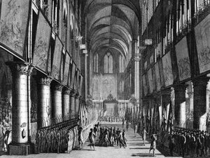 Ranskan vallankumous: Monsignor Juignen siunaus kansalliskaartin lippuille Notre Damen kirkossa 27. syyskuuta tekijältä Jean Louis II (after) Prieur