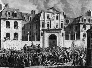 Ranskan vallankumous: Vallankumouksellisten ryöstöt Saint Lazaren talon Pariisissa maanantaina 13. heinäkuuta 1789. Kaiverrus Berthaut Priorin jälkeen. Pariisi, Vallankumouksen historian instituutin kirjasto