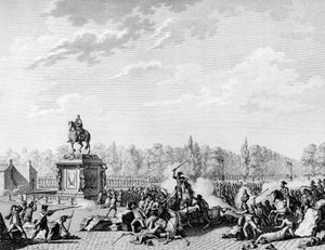 Ranskan vallankumous: Place Louis XV, Charles Eugene de Lorraine, Lambescin prinssi (1754-1825) lohikäärmeet lastasivat korteesin, joka kantoi Jacques Neckerin (1732-1804) ja Orleansin herttuan rintakuvat 12. heinäkuuta 1789. Kaiverrus Berthaut Priorin jäl