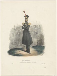 Kansallisarmeijan upseeri, 1829 Jalkaväki / kansallinen miliisi, upseerin riisuminen (nimi esineessä) Belgialaiset puvut: vanha ja moderni, sotilaallinen, siviili- ja uskonnollinen, 1830 (sarjan nimi) tekijältä Jean Louis Van Hemelryck