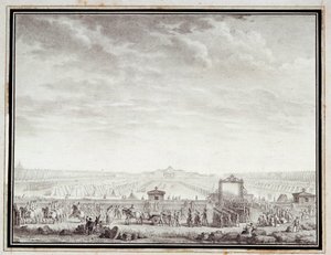 Ranskan vallankumous: "" Les troupes du Champ-de-Mars lähdössä Place Louis XV:lle: 12 juillet 1789"" Jean-Louis Prieurin (1759-1795) 1700-luvulla piirros musteella ja pesulla. Himmeä. 0,17x0,23 m. Pariisi, Musee Carnavalet