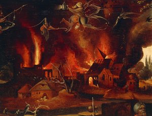 Pyhän Antoniuksen kiusaus, yksityiskohta, joka näyttää kaupungin liekeissä ja demoneissa, Jan Mandyn (1500-1560).