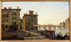 Näkymä Lyonin vanhalle kalastusalueelle Jean Michel Grobonin (1770-1853) maalaus 1800-luvun su. 0,29x0,5 m Lyon, Musee des Beaux Arts
