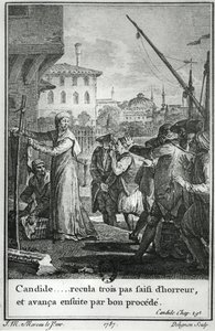 Candide ... otti kolme askelta taaksepäin kauhuissaan ja eteni sitten hyvällä menettelyllä, kuva Francois Voltairen (1694-1778) Candiden luvusta 29, jonka kaiverrus Jean Louis Delignon (1755-1804) 1787 tekijältä Jean Michel the Younger Moreau