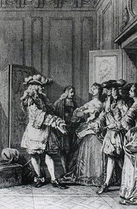 Kuvitus LImpromptu de Versaillesista, Moliere (1622-73), kaiverrus D. Nee tekijältä Jean Michel the Younger Moreau