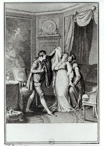 "Ota pois se verho", vanha nainen sanoi Candiden kanssa, kuvitus Francois Voltairen (1694-1778) "Candiden" luvusta 7, 1787 (kaiverrus) (bw-kuva)