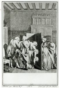 Paroni... tervehti Candidea huomattavilla potkuilla housuun ja ajoi hänet ulos ovesta. Louis Michel Halboun kaivertaman kuvituksen Francois Voltairen (1694-1778) Candiden luvusta 1 ( tekijältä Jean Michel the Younger Moreau
