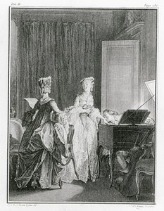Cembalo, kuvitus Jean-Jacques Rousseaun (1712-78) teoksesta "La Nouvelle-Heloise", kaiverrus Noel Le Miren (1724-1800) (katso myös 208105) tekijältä Jean Michel the Younger Moreau
