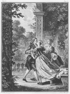 Ensimmäinen rakkauden suudelma, osa I, sivu 37, kuvitus Jean-Jacques Rousseaun (1712-78) teoksesta "La Nouvelle Heloise" Noel Le Miren (1724-1800) kaivertama tekijältä Jean Michel the Younger Moreau
