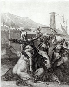 "Kapteeni piti minut piilossa takanaan ja katkaisi piirretyllä veitsillään kaikki, jotka vastustivat häntä", esimerkki Francois Voltairen (1694-1778) Candiden luvusta 11 (kaiverrus) (m/w kuva)