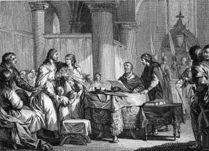Austraasian palatsin pormestarin Carlomanin (n. 715-754) luopuminen veljensä Pepin III dit Pepin le Brief (714-768), 747 hyväksi. Kaiverrus Jean Michel Moreau, dit Moreau le Jeune ( 1741-1814) tekijältä Jean Michel the Younger Moreau