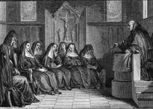 Abelard ja Heloise: Pierre Abelard tai Abailard (1079-1142) tuli Saint Denisin luostarin munkki. Kaiverrus Jean Michel Moreau, dit Moreau le Jeune (1741-1814) tekijältä Jean Michel the Younger Moreau