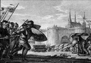 Armee-viikingit hyökkäämässä Saint Germain des Presiin (Saint-Germain-des-Pres) ja hänen luostariinsa. 9. vuosisadalla (Kaarle II Kaljuun hallituskausi). Kaiverrus Jean Michel Moreau, dit Moreau le Jeune (1741-1814) tekijältä Jean Michel the Younger Moreau