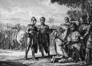 Tertryn taistelu, 687: Neutrian armeijan voittaja, Pepin the Jeune tai Herstal (noin 653-714), Austrasian prinssi, tunnustaa Neustrian kuninkaan Thierry III:n (657-691) vallan. Kaiverrus Jean Michel Moreau, dit Moreau le Jeune (1741-181