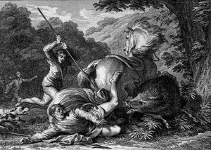 Carloman II kuoli (867-884) metsästysriistassa, 884. Palvelija haluaa auttaa kuningasta villisikan hyökkäyksessä ja työntää vakoojansa vahingossa hänen reiteensä. Kaiverrus Jean Michel Moreau, dit Moreau le Jeune (1741-1814) tekijältä Jean Michel the Younger Moreau
